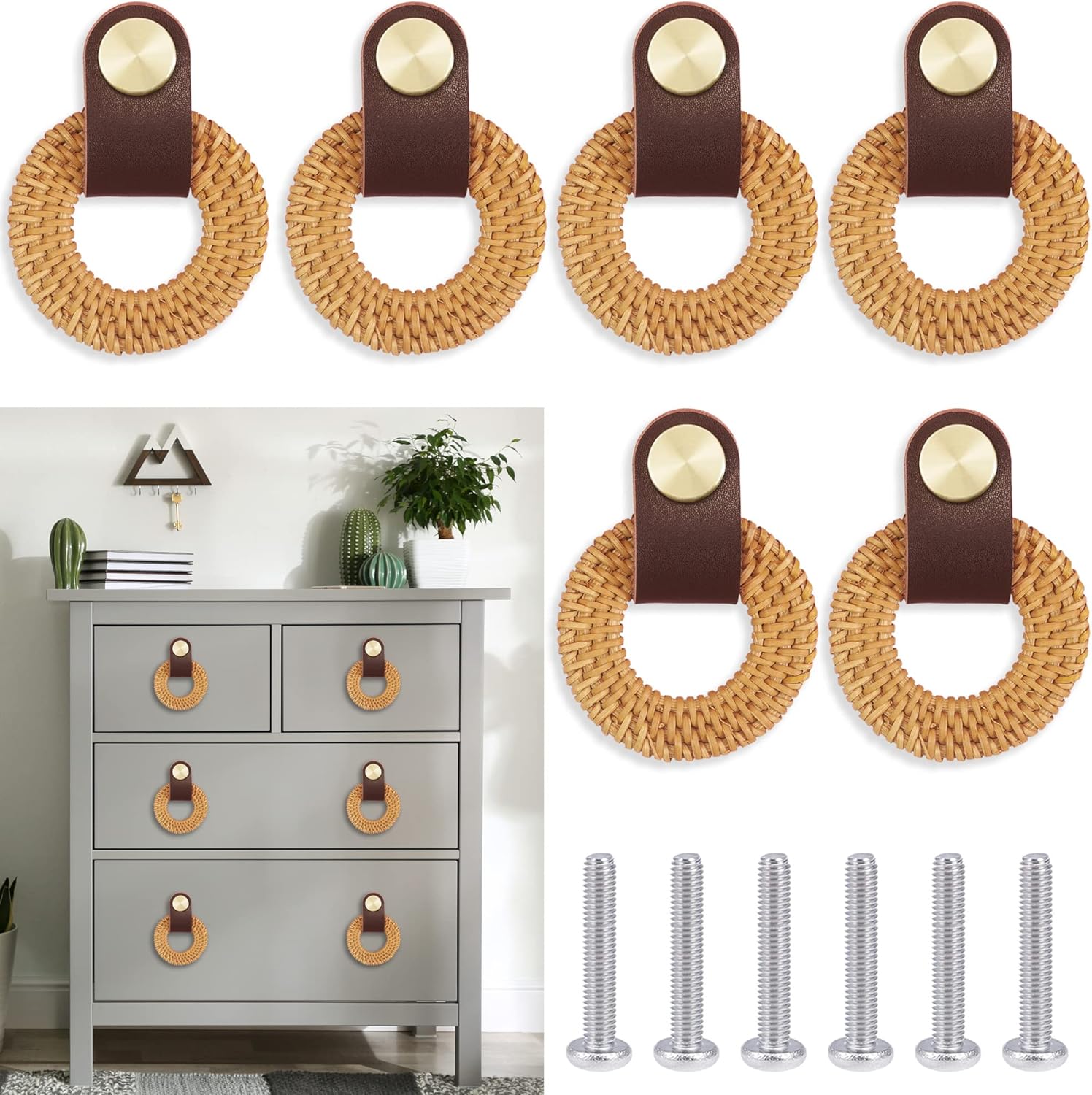 6 Pack Rattan Dresser Knobs Leather Drawer Knobs Boho Wicker Woven Rattan Soft Leather Drawer Pulls Handles Cabinet Knobs Furniture Pulls Wardrobe Cupboard Handles Pulls Door Knobs (Natural)