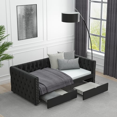 SOFTSEA Twin Size Upholstered Daybed with 2 Storage Drawers, Velvet Sofa Bed with Button on Back and Copper Nail on Waved Shape Arms, Beige