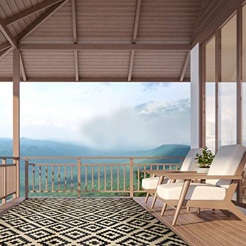 Reversible Patio Rug 9'X 12', Plastic Straw Rug, Boho Outdoor Carpet, Waterproof Camping Mat, Fade Resistant Large Floor Mat for RV Backyard,Deck,Picnic,Beach,Lawn,Balcony-Line Black Grey