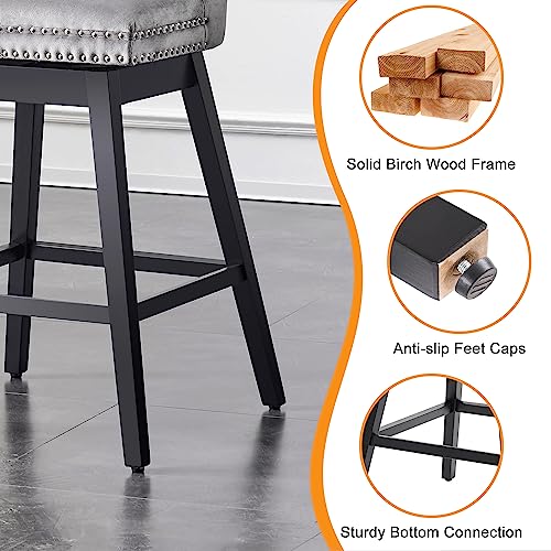 Counter Height Bar Stools, 360 Swivel Bar Stools with Backs, Premium Velvet Fabric Upholstered Counter Height Chairs, Solid Wood Legs, (Beige, 30