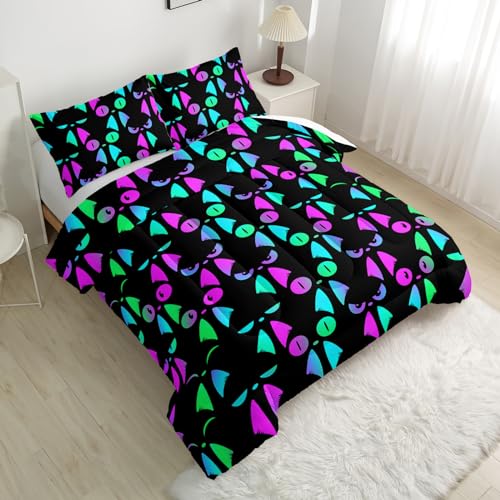 Cartoon Cat Comforter Sets Twin Size,Bedding Sets for Kids,Cute Black Cat Comforter Sets，Kids Room Decor with 1 Comforter with 2 Pillow Case
