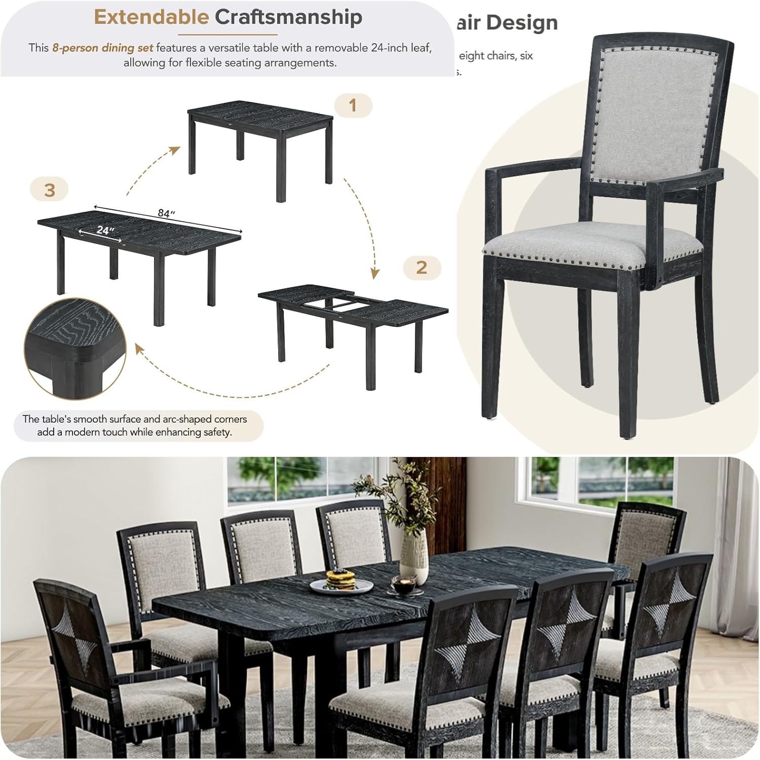 9 PCS Extendable Dining Table Set, Black+ Gray