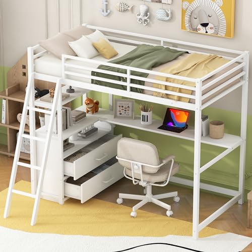 SOFTSEA Kid’s Twin Metal Loft Bed with Desk and Cabinet Loft Bed Twin Size Bed Frames Loft(Black, Twin)
