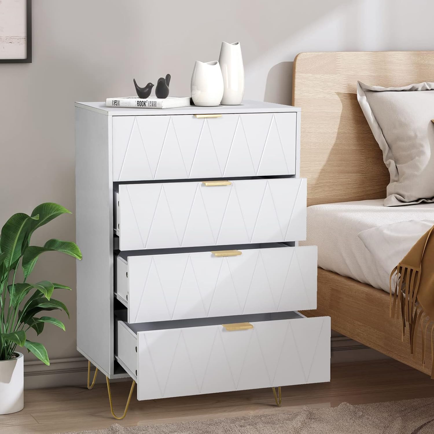 Anbuy White Dresser for Bedroom with 4 Drawers, Modern Tall Chest of Drawer Wooden Storage Cabinet Organizer with Metal Gold Legs for Bedroom, Living Room