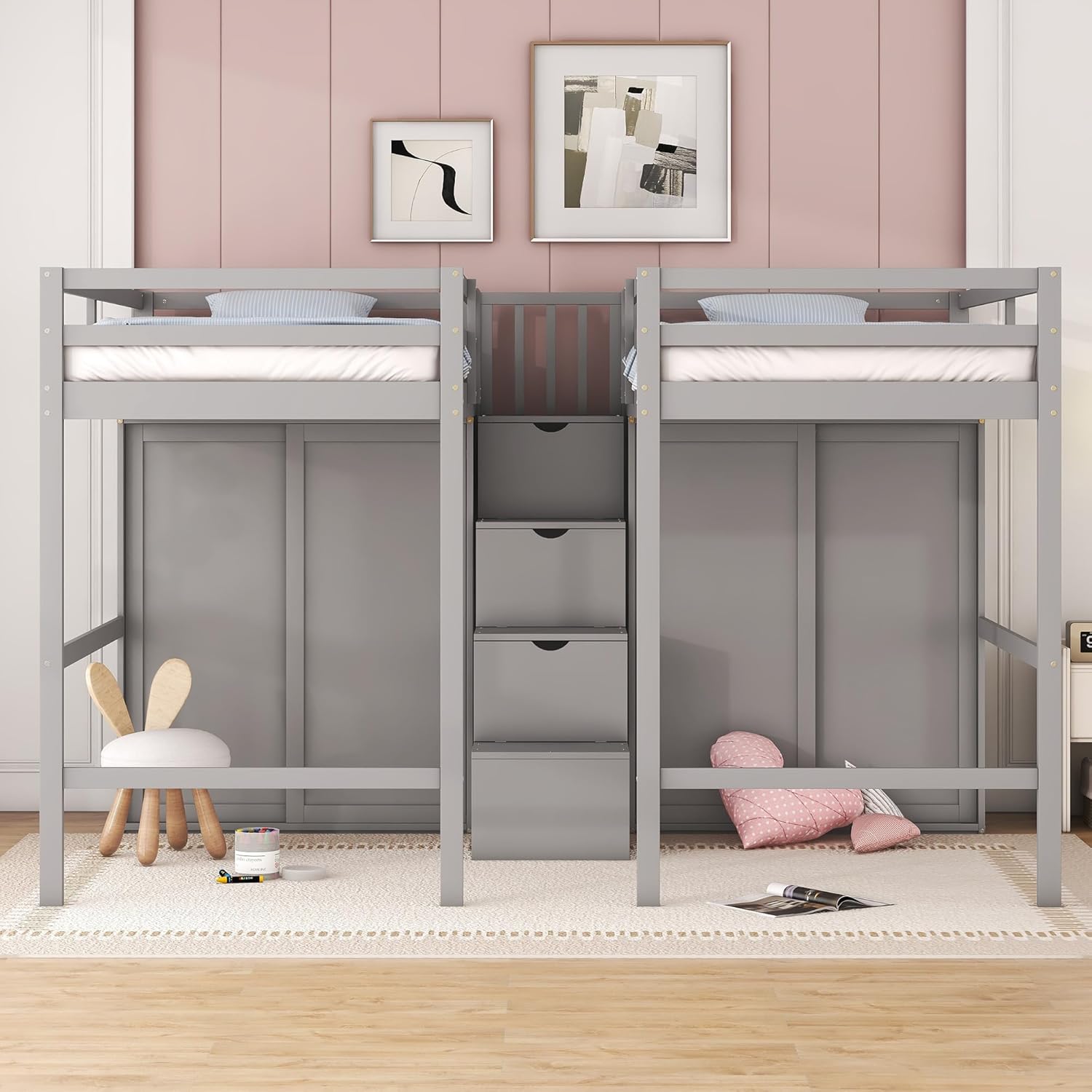 Double Twin Size Loft Bed with Storage Stairs and 2 Wardrobes, Wood Loft Bed Frame with Staircase for 2 Kids Girls Boys Teens, Gray