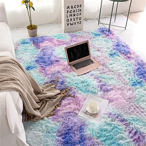 NTBED Soft Shaggy Area Rugs for Boys Girls Bedroom Nursery Dorm Living Room,Tie Dye Fluffy Bedside Rugs Colorful Abstract Indoor Plush Shag Floor Carpets(5x7Feet, Rainbow)