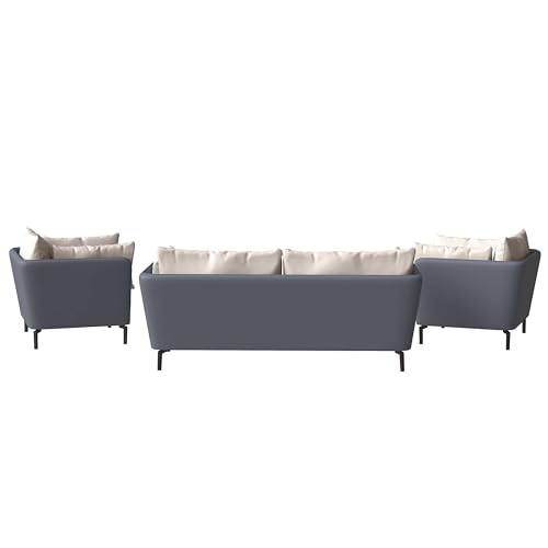 LeisureMod 3-Piece Sofa Set with a 3-Seater and 2 Single-Seater Armchair Upholstered in Leather with Removable Cushions Luxify Series in Grey