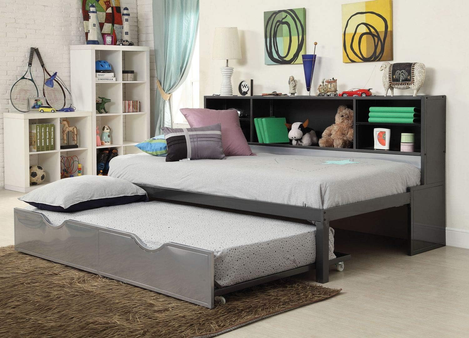 BOWERY HILL Metal Frame Twin Bed with Trundle in Black and Silver Including Bookcase