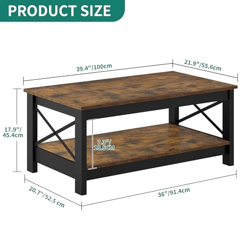 YITAHOME Coffee Table for Living Room,Modern Farmhouse Coffee Table with Storage,2-Tier Center Table for Living Room Wood Living Room Table Accent Cocktail with Sturdy Frame,Brown and Black