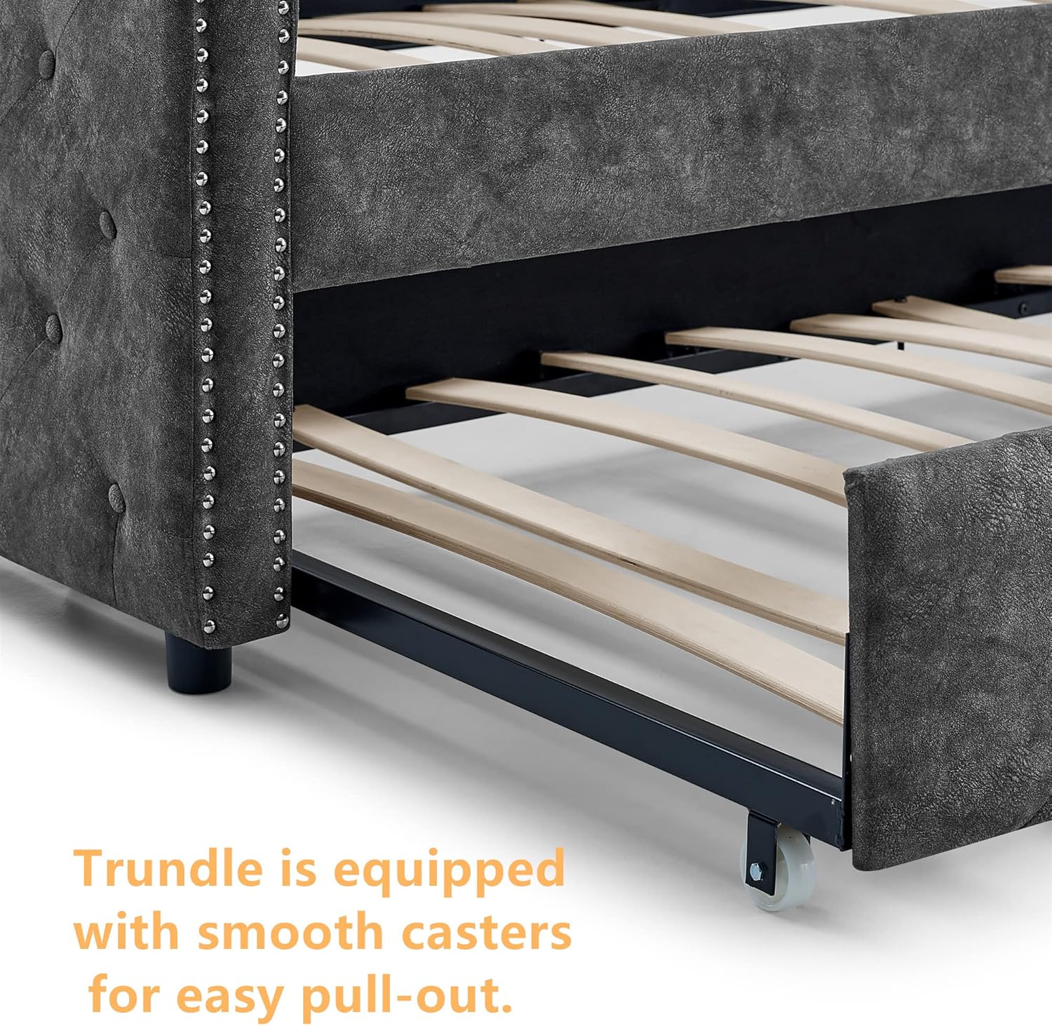 Flieks Twin Upholstered Daybed with Trundle, Solid Wood Upholstered Tufted Sofa Bed Frame with Button Tufted and Nailtrim on Arms, No Box Spring Needed, Grey