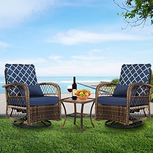 ENSTVER 3 PCS Outdoor Swivel Rocker Rattan Chairs,360 Degree Patio Bistro Set with Thickened Cushions&Coffee Table, Porch Wicker Furniture Set for Backyard, Balcony
