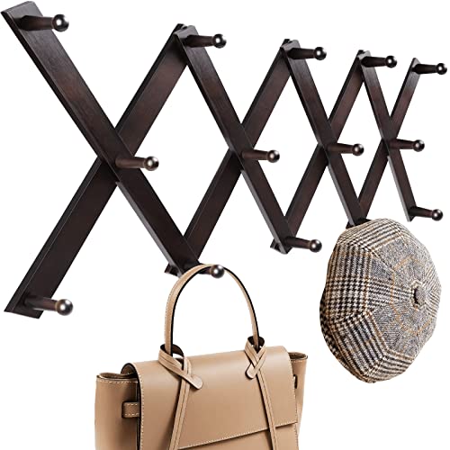 Homode Accordian Wall Hanger, Expandable Coat Rack Wall Mounted, Accordion Style Wood Hat Rack with 13 Peg Hooks for Hanging Coats, Hats, Mugs, Bags, Purses, Necklaces, Rustic White