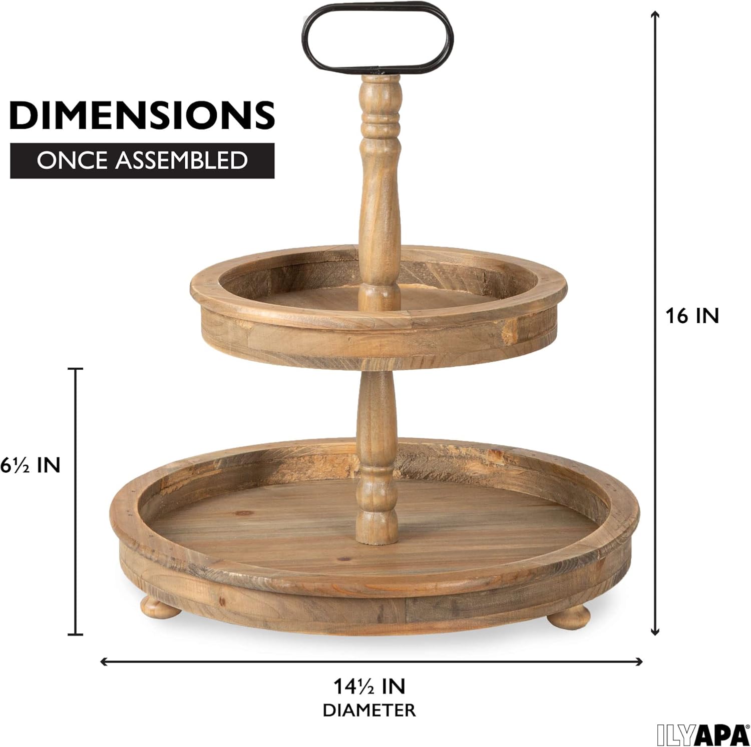 Ilyapa Decorative Farmhouse Tiered Serving Tray Stand - 2 Tier Rustic Wooden Serving Stand with Handle - Barnwood, 16” x 14.5” x 14.5”
