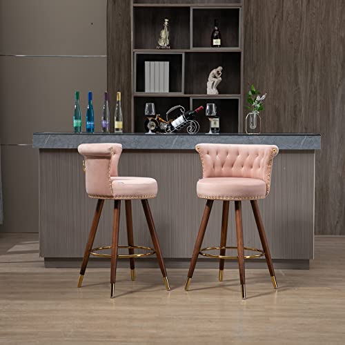Bar Stools Set of 2, 27.7” Velvet Tufted Counter Height Barstools, 360-Degree Swivel Modern Upholstered Bar Chairs with Back & Footrest for Kitchen Island/Counter/Cafe, Pink