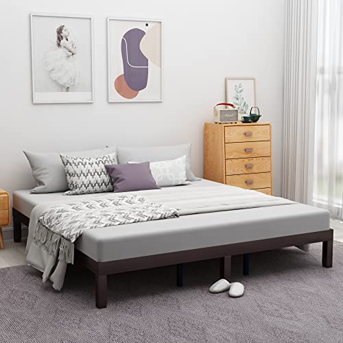 Wood Platform Bed Frame, Solid Wood Foundation, Wood Platform Bed Frame with Wooden Bars, No Box Spring Needed, Wood Slat Support, Easy Assembly (Coffee + Solid Wood, King (U.S. Standard))
