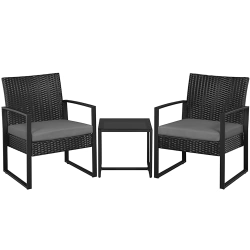 Yaheetech 3-Piece Patio Furniture Set, Rattan Wicker Outdoor Chairs Set of 2 w/Coffee Table - PE Rattan Chair Balcony Conversation Set for Yard/Bistro/Garden/House/Porch, Black/Khaki