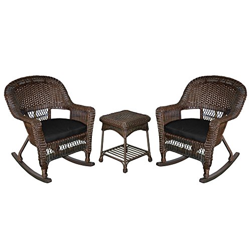 Jeco 3 Piece Rocker Wicker Chair Set With Black Cushion, White