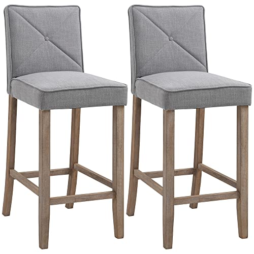 HOMCOM Modern Bar Stools Set of 2, Upholstered Bar Height Kitchen Stools with Build-in Footrest, Solid Wood Legs, Beige