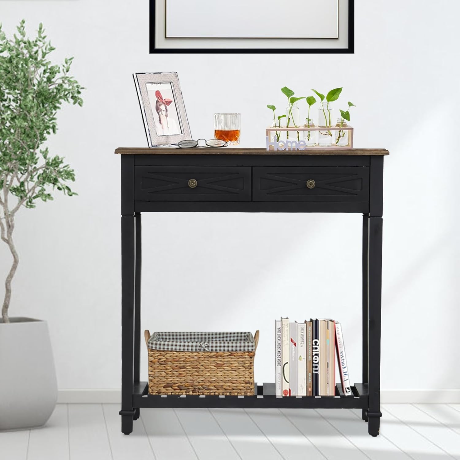 kinbor Narrow Console Table for Entryway - 2 Tier Sofa Table with Shelf & Drawers Wood Entryway Table Entrance Table for Hallway, Living Room, Foyer, Corridor, Office (Black)