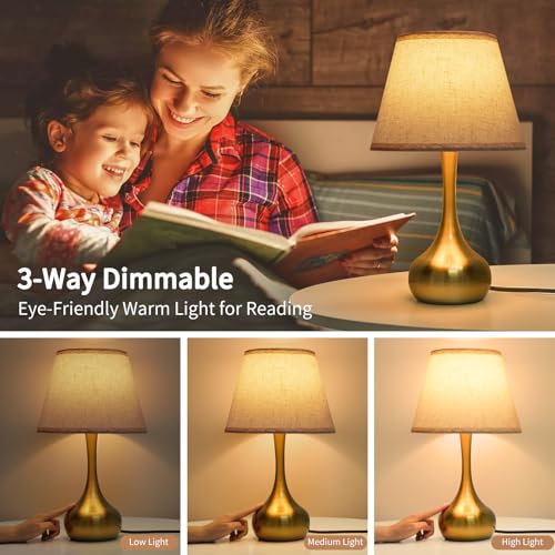 Touch Table Lamp Set of 2, Farmhouse 3-Way Dimmable Bedside Lamps for Nightstand with Fabric Shade, Desk Lamp for Reading, Bedroom, Livingroom, Office