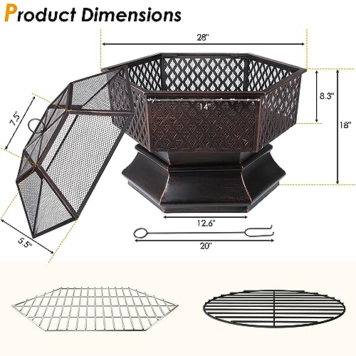 Outdoor Steel Fire Pit, Hex-Shaped Firebowl with Grill Mesh, Wood Coal Burning Fireplace, Fire bowl w/Flame-Retardant Mesh Lid & Poker, Portable Patio Picnic Bonfire BBQ (28“)