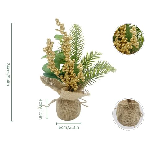 2pcs Mini Christmas Trees Artificial Potted Tabletop Christmas Tree Berry/Christmas Flower Small Trees with Cloth Base Plastic Mini Trees for Christmas Table Party(23cm/9.06in-gold)