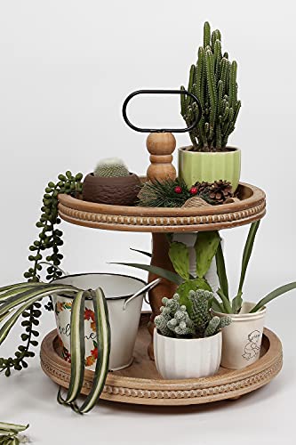 Carah&Cossh Distressed Rustic Brown Wood Two-Tier Tray with Metal Handle, Two Tier Stand with Beads，Farmhouse 2 Tier Serving Tray for Coffee Bar, Kitchen Counter, Dining Room Table(Brown)