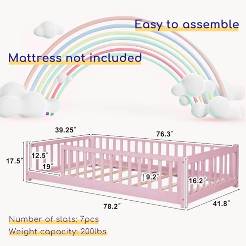 Twin Size Floor Bed with Safety Guardrails and Door and Slats, Montessori Floor Bed Frame for Kids, Wood Montessori Floor Bed for Girls and Boys, Twin-Grey without Door