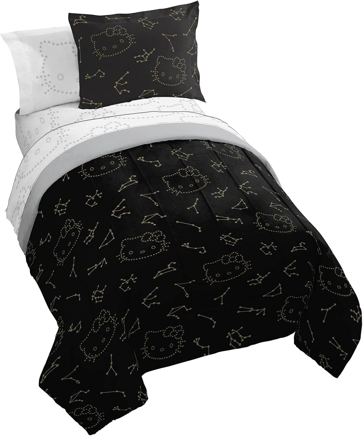 Jay Franco Hello Kitty Stars Twin Comforter Set - 5 Piece Bedding includes Sheet Set & Pillow Covers - Super Soft Zodiac Black & Gold Bedding