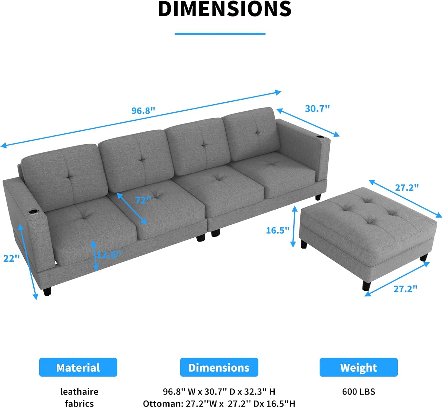 Convertible L Shaped Sofa with Ottoman, Linen Reversible Sectional Sofa with 2 Cup Holders, Modern L-Shape Couch 4 Seat Sectional Couches for Living Room Apartment - Light Grey