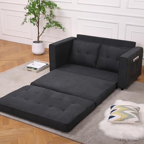 3-in-1 Upholstered Futon Sofa Convertible Floor Sofa Bed,Foldable Tufted Loveseat with Pull Out Sleeper Couch Bed,Folding Mattres Love Seat Daybed W/Side Pockets, Dark Gray