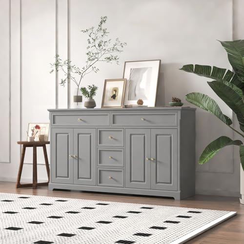 FAMAPY Sideboard Credenza with 5 Drawers, Sideboard Buffet Cabinet with 4 Doors, White Buffet Cabinet with Gold Knobs, Home Bar Cabinet, for Living Room Kitchen Hallway, 15.7”D x 59.1”W x 33.5”H