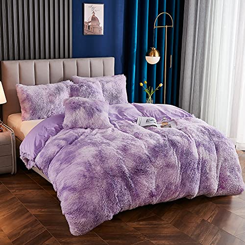Yaoshuho Plush Fluffy Duvet Cover Queen Size Luxury Ultra Soft Shaggy Duvet Cover Set Faux Fur Comforter Bedding Set(1 Duvet Cover + 2 Pillow Shams), Light Grey