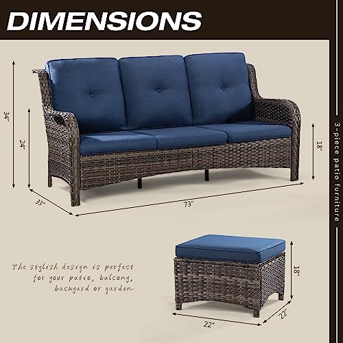 Patio Conversation Set - 3-Piece Wicker Patio Set, A 3-Seat Sofa and 2 Ottomans, Outdoor Wicker Patio Furniture, Cushions Included, Green