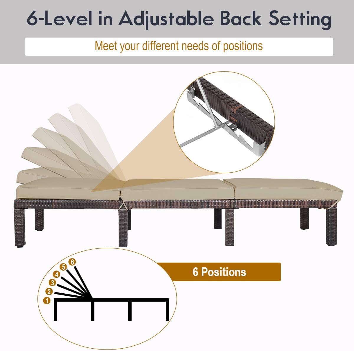 COSTWAY Rattan Lounge Chair Chaise Recliner Adjustable Cushioned Patio Yard Brown