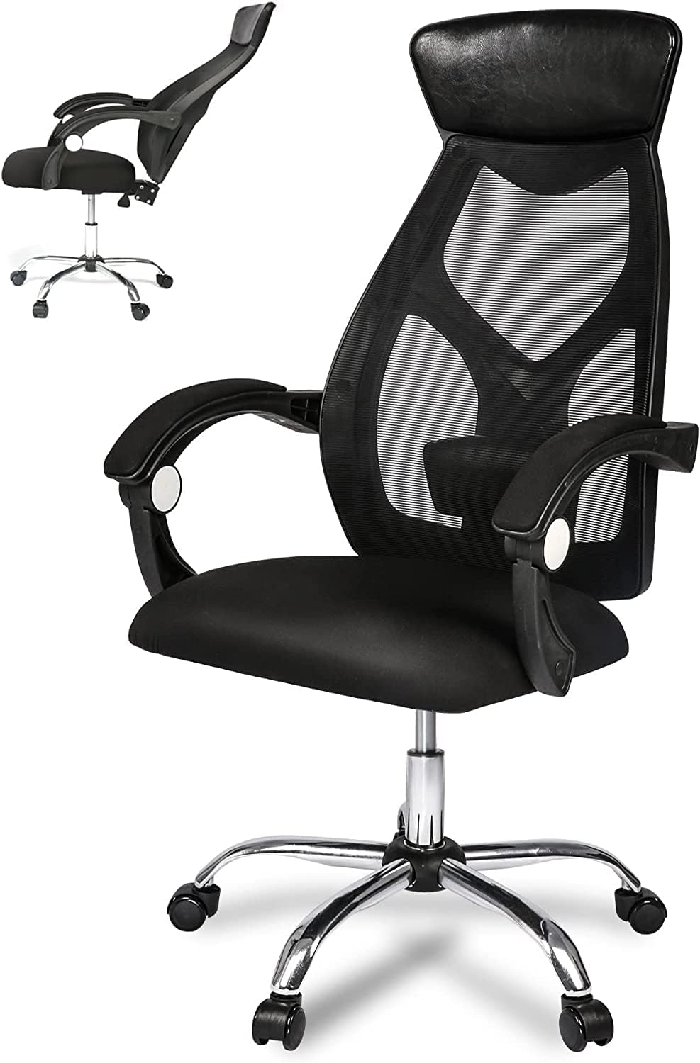 Ergonomic Office Desk Chair, Recliner with Mesh High Back Leather Headrest, Adjustable Lumbar Support Reclining Office Chair, Padded Armrest for Swivel Office Task Computer Chair, Modern Black