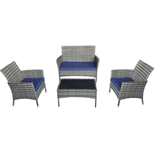 4 piece patio furniture set, Rattan Patio Furniture，Outdoor Wicker Conversation Set with Thick Cushion for Garden, Yard, Porch，Lawn Balcony or Backyard (Dark Coffee Rattan Beige Cushion)