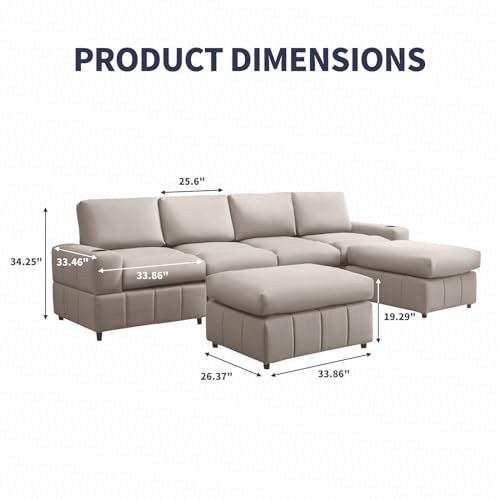 Convertible Modular Sectional Sofa with Movable Ottoman,Faux Leather U Shaped Oversized Couches with Chaise,L Shaped Sofa with Cup Holders,6 Seat Sofa Free Combination for Living Room-Beige