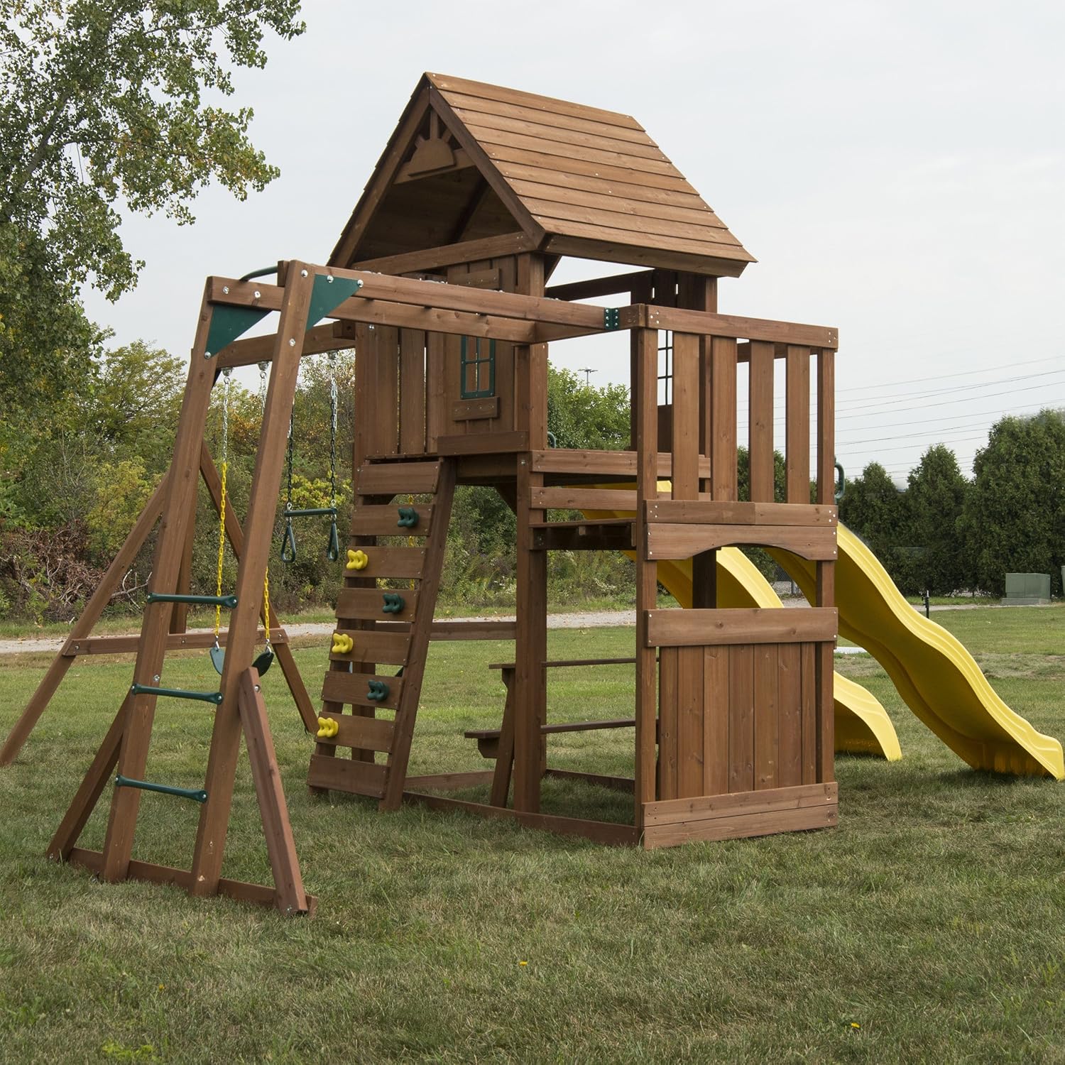 Swing-N-Slide WS 8356 Wooden Timberview Play Set with Two Slides, Monkey Bars, Wood Roof, Climbing Wall and Swings, Wood , Brown