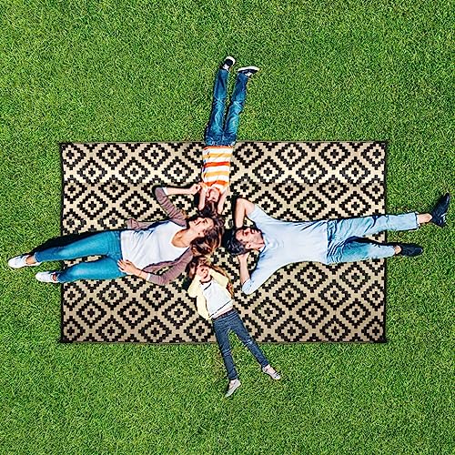 Reversible Patio Rug 9'X 12', Plastic Straw Rug, Boho Outdoor Carpet, Waterproof Camping Mat, Fade Resistant Large Floor Mat for RV Backyard,Deck,Picnic,Beach,Lawn,Balcony-Line Black Grey