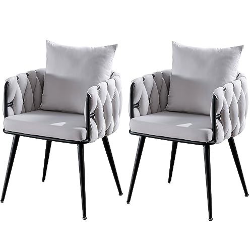 Warmiehomy Modern Velvet Dining Chairs Set of 2 Woven Accent Chairs Upholstered Living Room Chairs Chair with Black Metal Legs and Pillow for Dining Room Kitchen Vanity Living Room,Beige