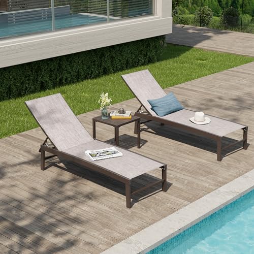 Patio Chaise Lounge Chair Set, 3PCS Outdoor Recliner Lounge Chair with Side Table, All Weather Chaise with 5 Adjustable Backrest and Lay Flat Positions for Garden, Balcony, Pool
