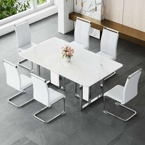 Dining Table Set for 6,Kitchen Table Chairs Set with Glossy Faux Mareble Table Top,67in White Rectangle Dining Room Table Set for 6,7 Piece Kitchen Table and Chairs Set for Kitcken Dining Room