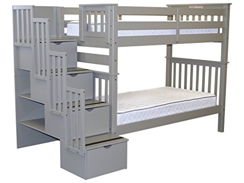 Bedz King Tall Stairway Bunk Beds Twin over Twin with 4 Drawers in the Steps, White