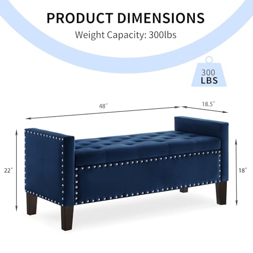 Velvet Modern Upholstered Tufted Button Storage Bench with Arms, Storage Bench with Nailhead Trim Bed Bench for Bedroom and Entryway (Gray)