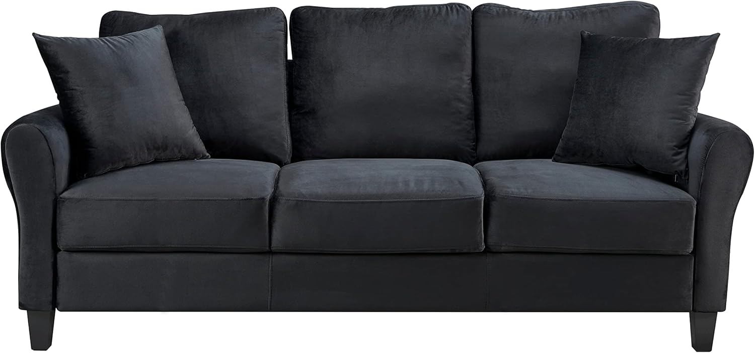 Modern Velvet Couch with 2 Pillow, 78 Inch Width Living Room Furniture, 3 Seater Sofa with Plastic Legs (Black)