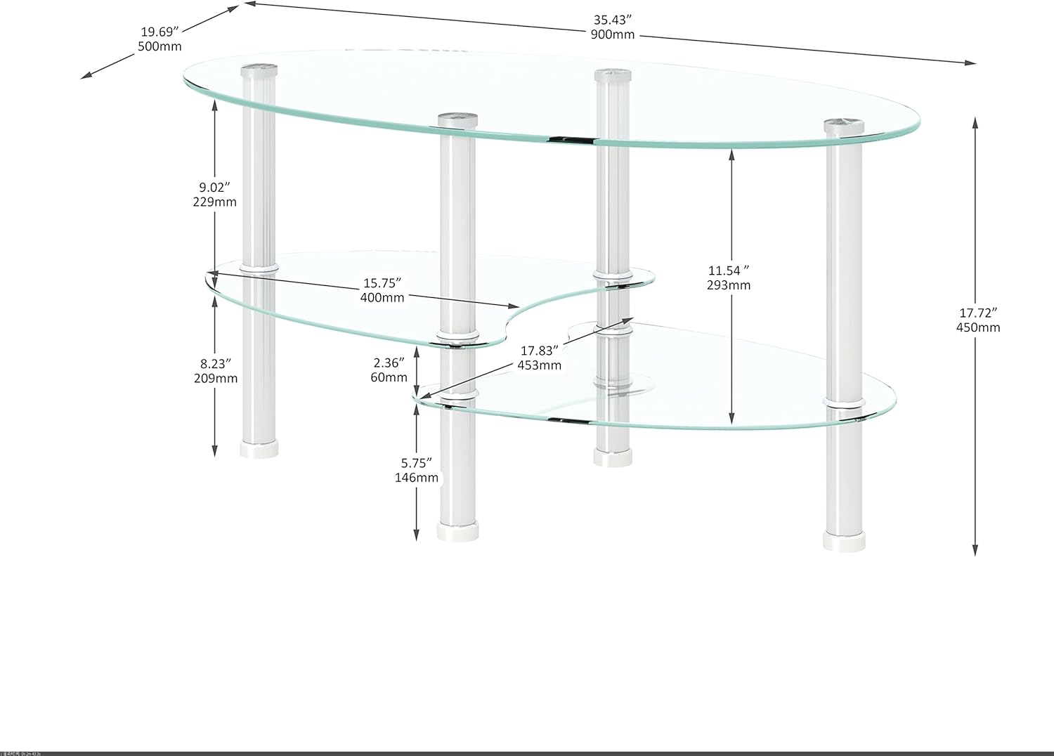 Transparent Oval glass coffee table, modern table with stainless steel leg, tea table 3-layer glass table for living room