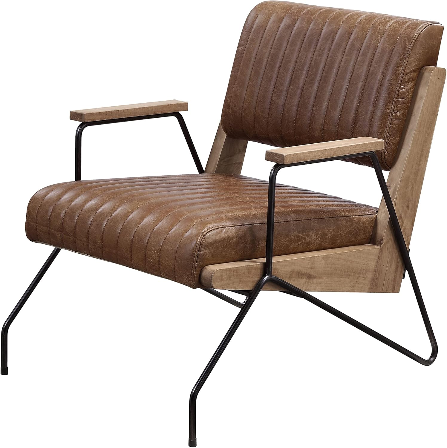 Acme Eacnlz Upholstered Accent Chair in Cocoa Top Grain Leather and Matt Iron