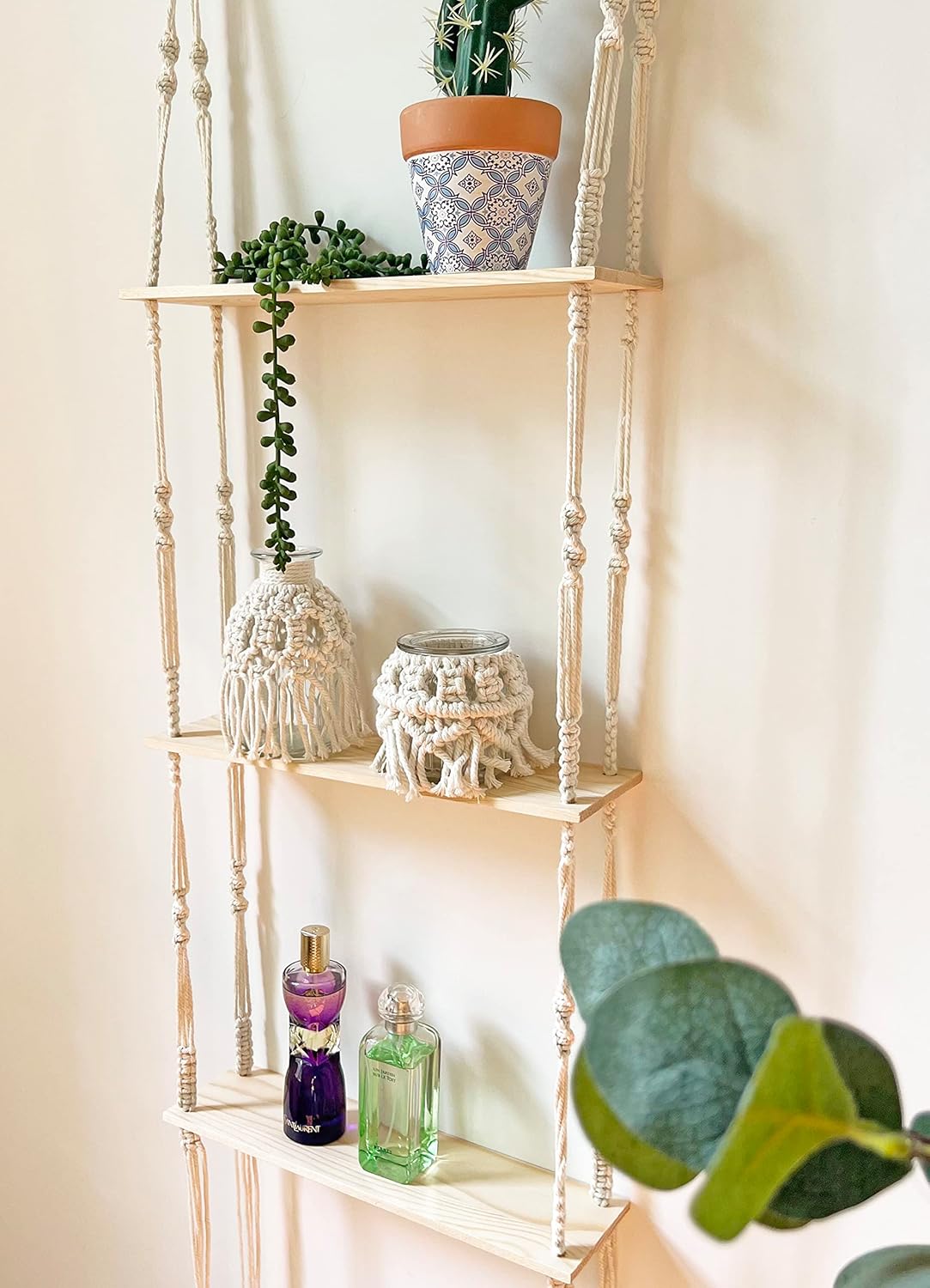Macrame Wall Hanging Shelf - 3 Tier Wall Shelves Boho Wall Decor Storage Shelf Plant Shelf Bookshelf for Bathroom Bedroom Living Room Handmade Boho Home Decor