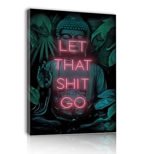 Framed Canvas Wall Art Let That Shit Go Funny Hippie Yoga Buddha Inspirational Motivational Quotes Neon Wall Decor for Bedroom Living Room Bathroom 11.5x15 Inches